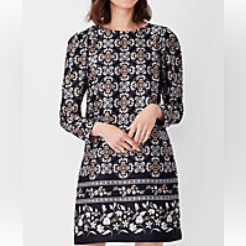 Ann Taylor Black and White Floral Long Sleeve Dress S
